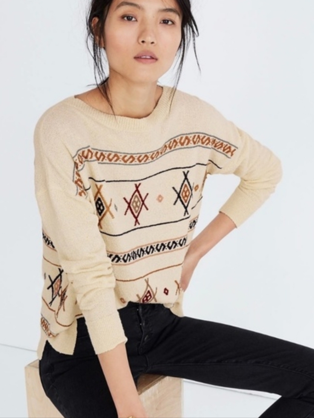 Madewell Reseda‎ Sweater  Cream Cotton Geometric Southwest